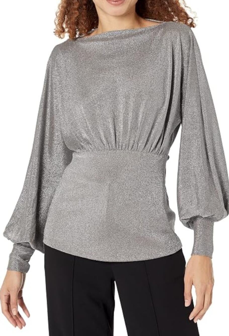 Trina Turk shimmer silver metallic long sleeve boat neck Eros top blouse